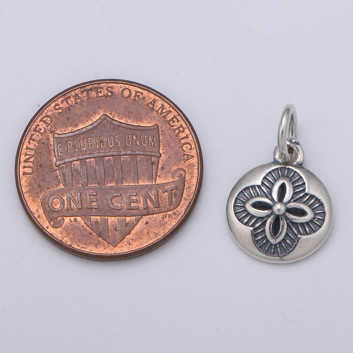 925 Sterling Silver Four Petal Flower Charm, Coin Floral Charm Silver Black Flower Charm for Necklace Bracelet Earring, Flower Charm SL-164 - DLUXCA
