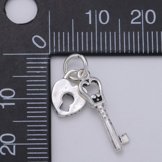 925 Sterling Silver Heart Lock and Key Charm, Couples Charm Silver Heart Charm for Necklace Bracelet Earring, Two Piece Charm SL-193 - DLUXCA