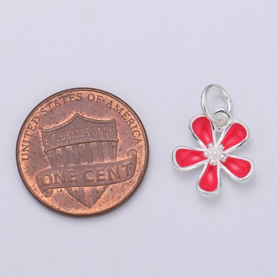 925 Sterling Silver Hot Red Flower Charm, Floral Charm Silver Flower Charm for Necklace Bracelet Earring, Red Jasmine Charm SL-048 - DLUXCA