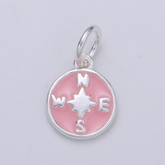 925 Sterling Silver Pink Compass Charm, Coin Compass Charm Silver Compass Charm for Necklace Bracelet Earring, Travel Charm SL-051 - DLUXCA