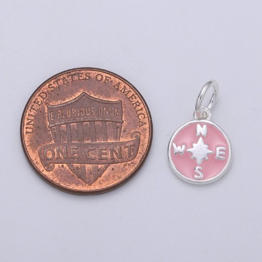 925 Sterling Silver Pink Compass Charm, Coin Compass Charm Silver Compass Charm for Necklace Bracelet Earring, Travel Charm SL-051 - DLUXCA