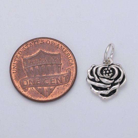 925 Sterling Silver Rose Charm, Floral Charm Silver Black Rose Charm for Necklace Bracelet Earring, Floral Charm SL-138 - DLUXCA