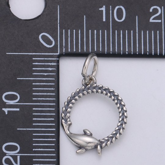 925 Sterling Silver Seaweed Dolphin Charm, Circle Charm Silver Baby Dolphin Charm for Necklace Bracelet Earring, Seaweed Charm SL-131 - DLUXCA
