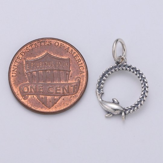 925 Sterling Silver Seaweed Dolphin Charm, Circle Charm Silver Baby Dolphin Charm for Necklace Bracelet Earring, Seaweed Charm SL-131 - DLUXCA