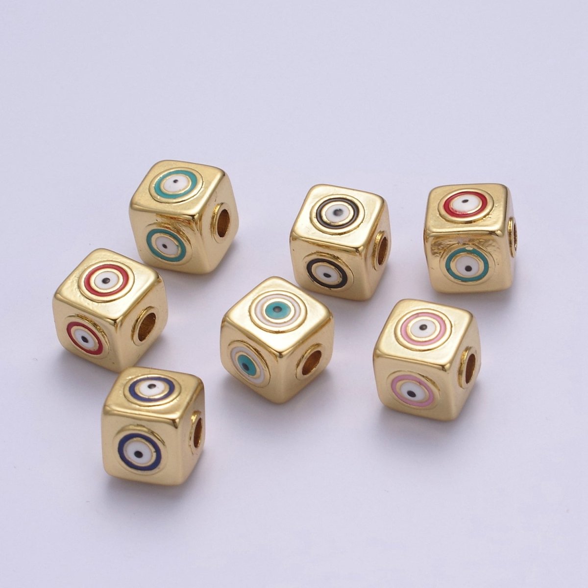 9mm Evil eye Cube charm Beads, Square Spacer Beads on Four Sides, Turkish Evil Eye, Gold bead Spacer Lucky Symbol Cube Bead B-774 to B-779 - DLUXCA