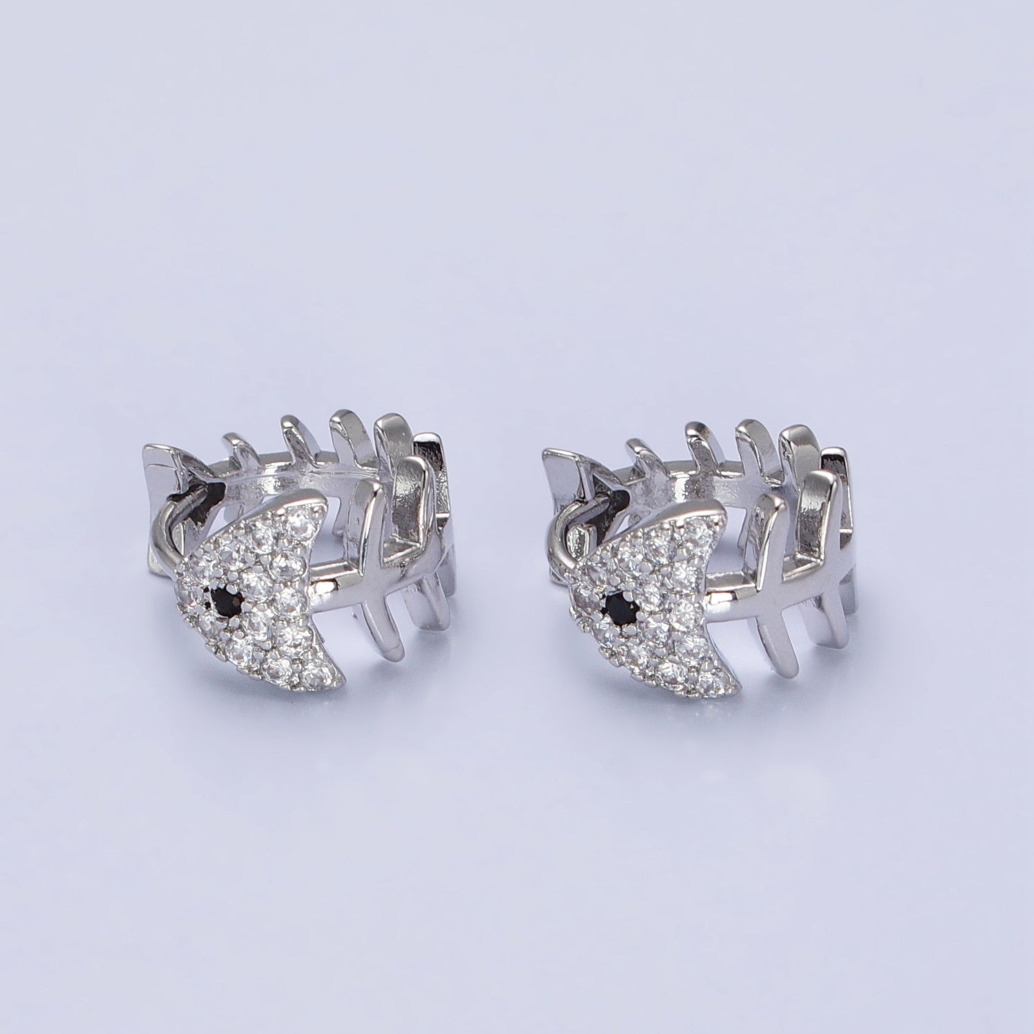 Gold, Silver Black-Eyed Ocean Fish Bone Micro Paved CZ 13mm Huggie Earrings | AB457 AB461 - DLUXCA