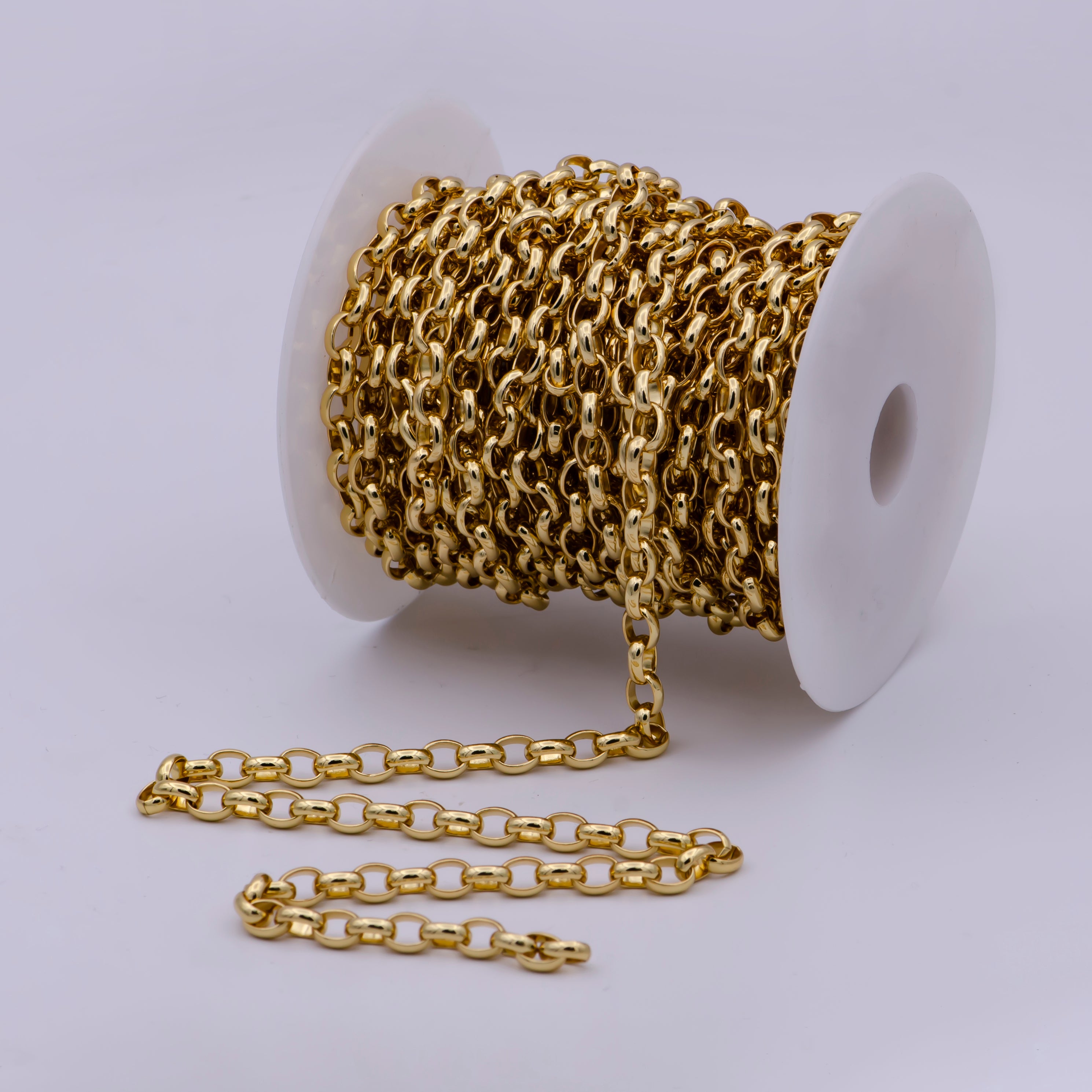 24K Gold Filled Thick Rolo Unfinished Chain by Yard, Thick Chunky 7.6X6 Rolo Wholesale Bulk Roll Chain For Jewelry Making | ROLL-572 - DLUXCA