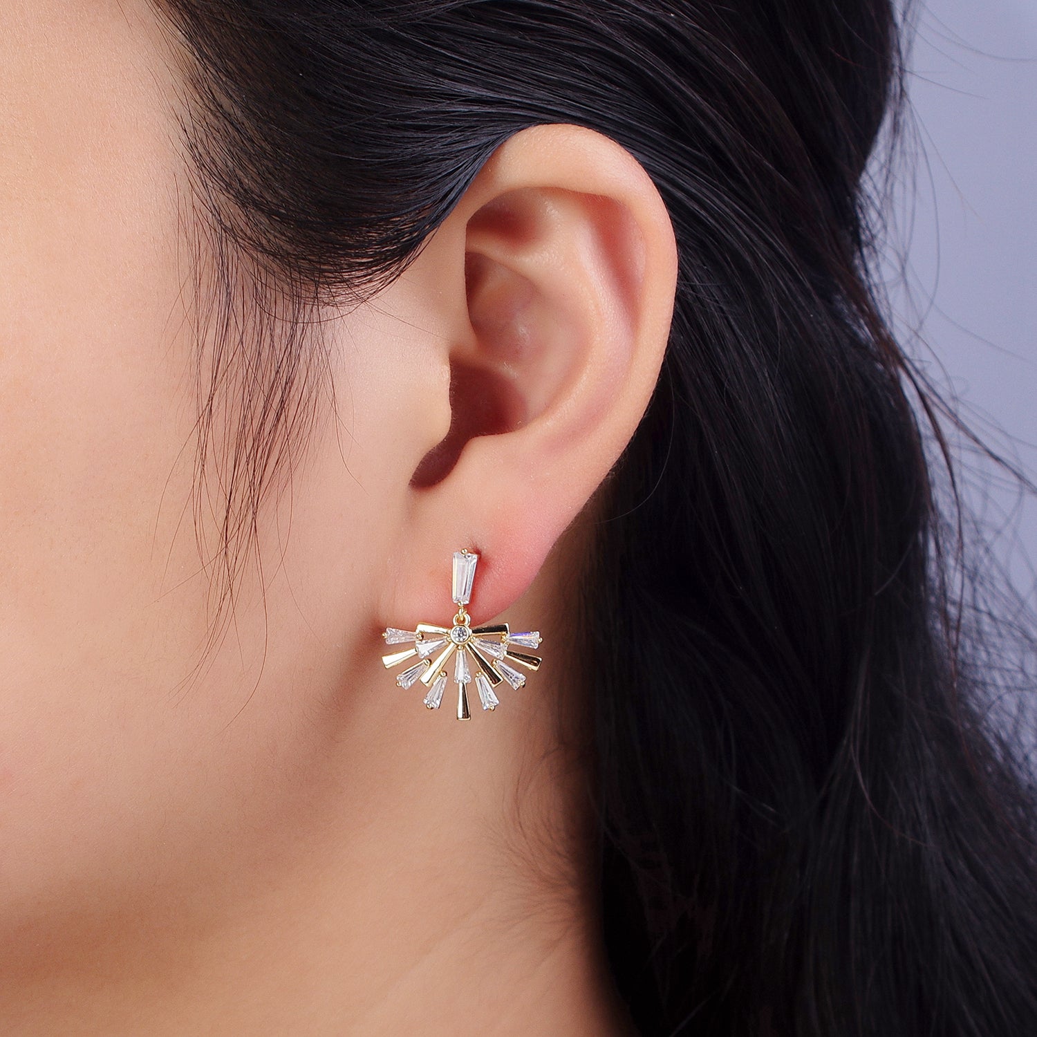 14K Gold Filled Baguette Fan Drop Dangle Clear Stud Earrings | AB334 - DLUXCA