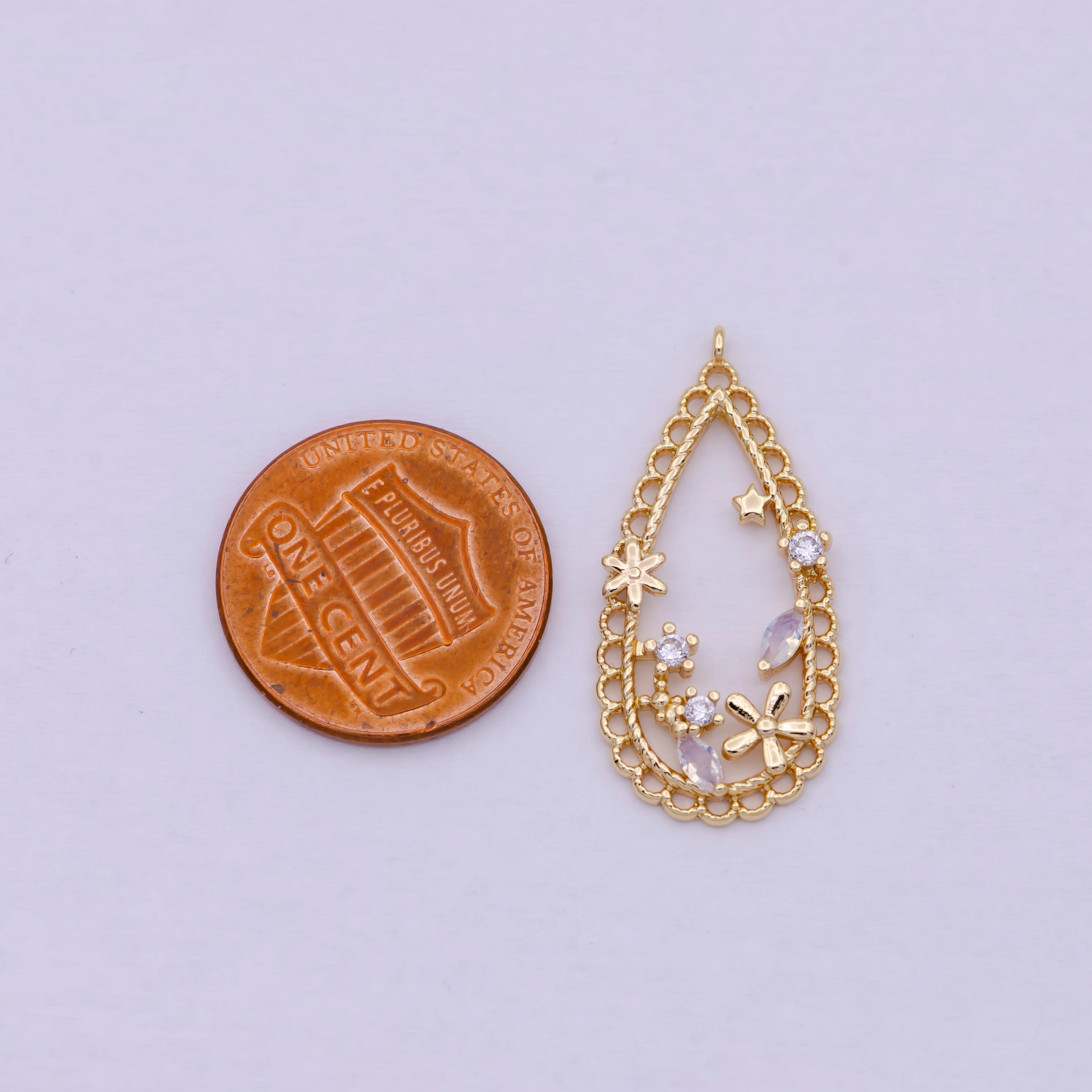 16K Gold Filled Open Teardrop Flowers Marquise Charm | C434 - DLUXCA