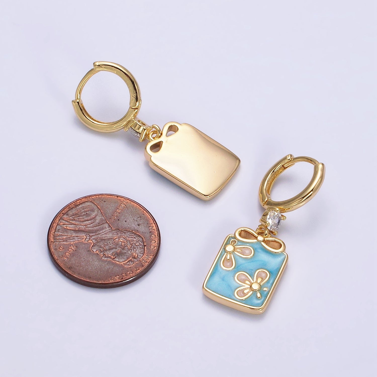 16K Gold Filled Pink, White, Blue Sparkly Enamel Ribbon Bow Rectangular CZ Drop Huggie Earrings | Y855 - Y857 - DLUXCA