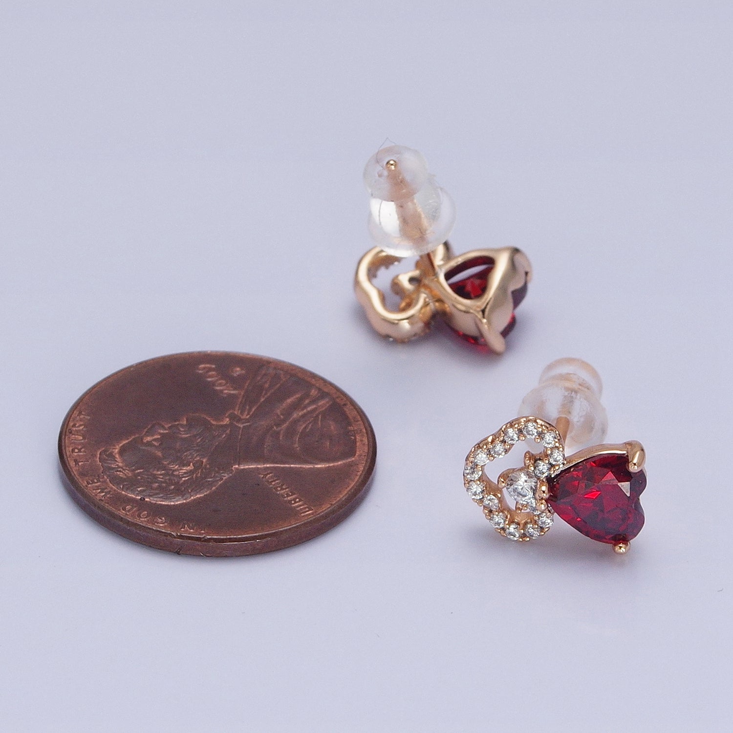 18K Gold Filled Clear, Heart, Red CZ Cloudy Stud Earrings | AD1417 - AD1419 - DLUXCA