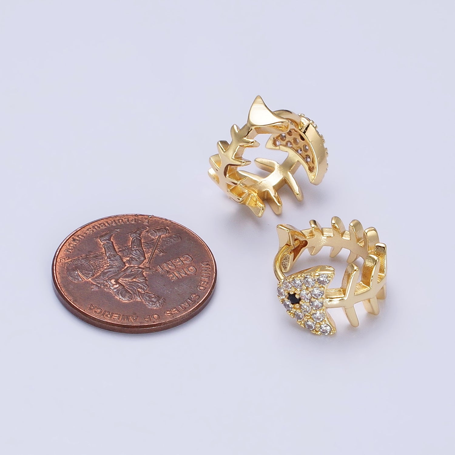 Gold, Silver Black-Eyed Ocean Fish Bone Micro Paved CZ 13mm Huggie Earrings | AB457 AB461 - DLUXCA