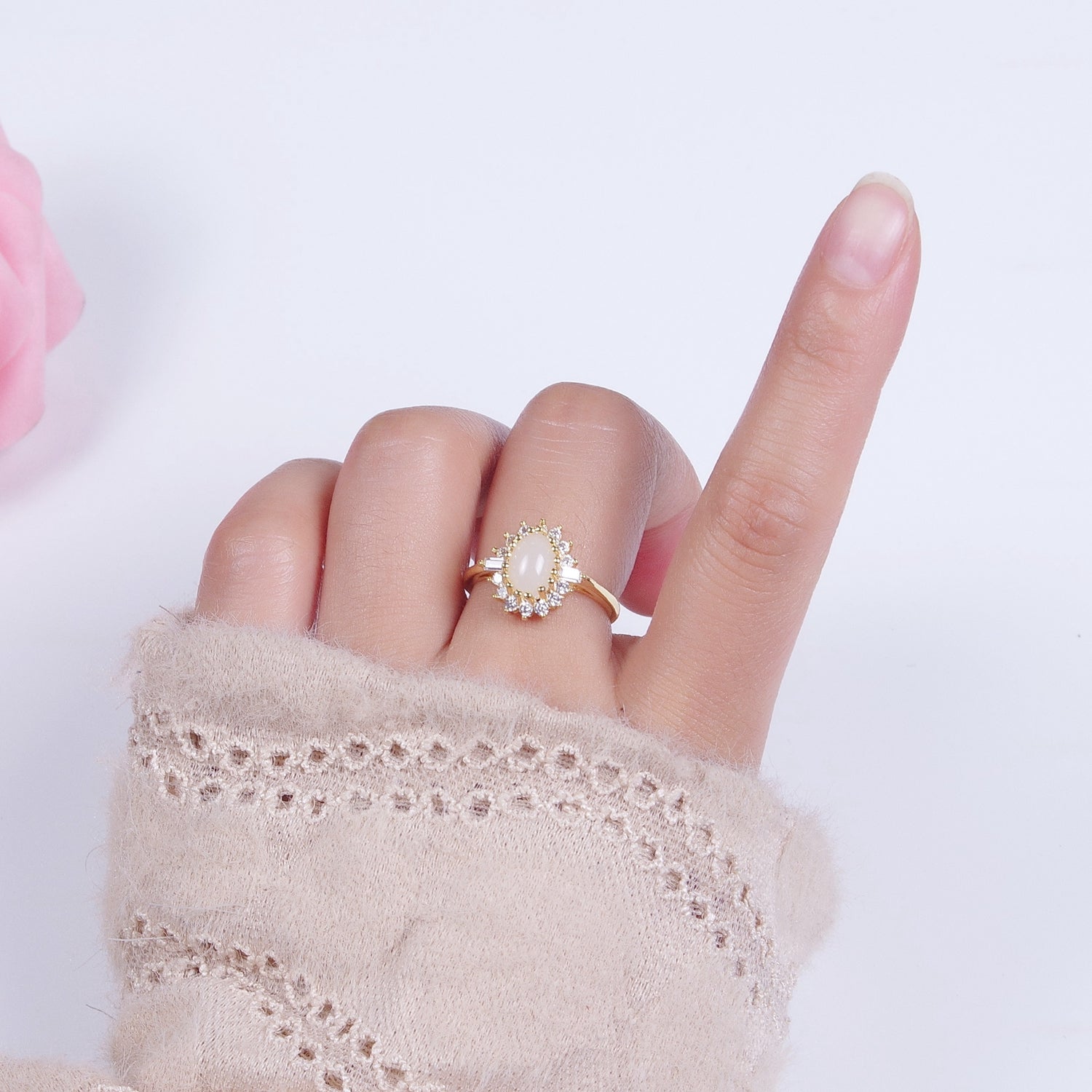 Gold White Gemstone Clear Cubic Zirconia Celestial Sun Flower Adjustable Ring S-247 - DLUXCA