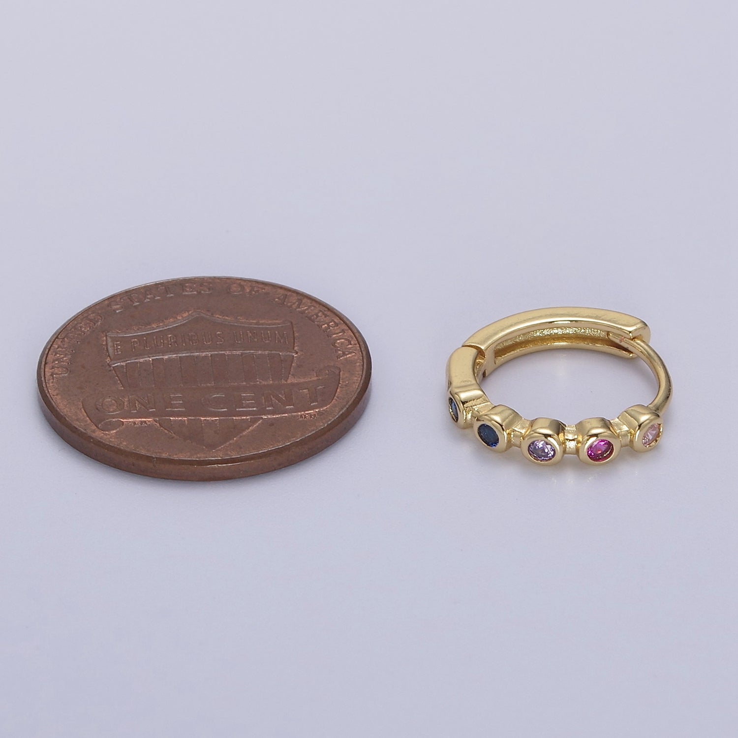 Multi Color Huggie Earring 14mm Gold Hoop Colorful CZ Earring T-359 - DLUXCA