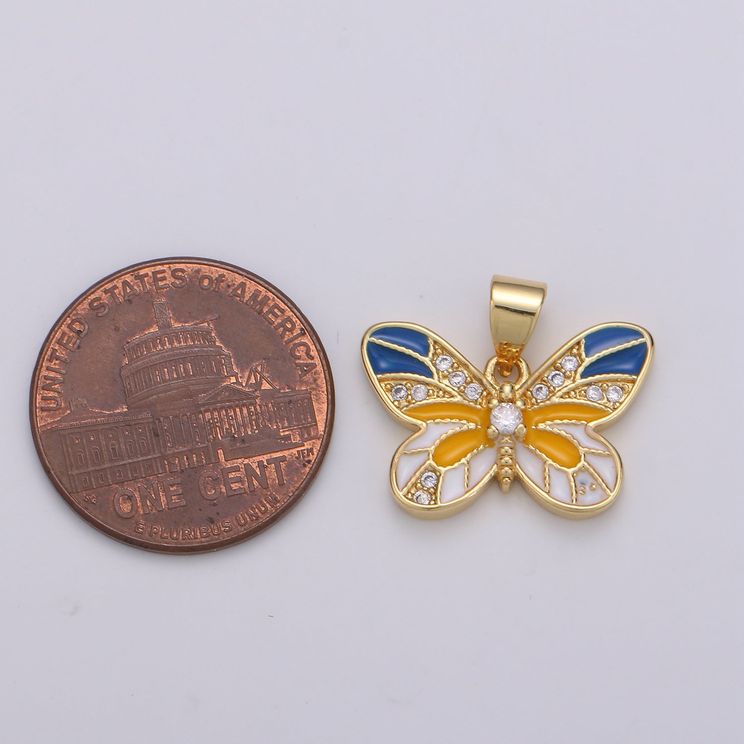 1pc 18x15mm Wholesale Gold Plated Blue and Orange Butterfly Pendant with Rhinestones, Pendant for Necklace Bracelet Anklet Making - DLUXCA