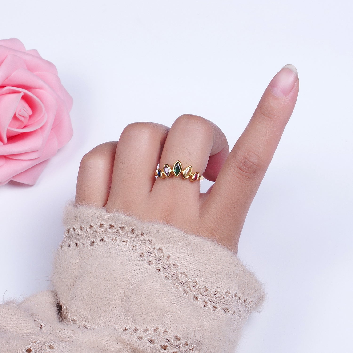 Gold Filled Rainbow Multicolor Marquise CZ Adjustable Ring | Y454 - DLUXCA