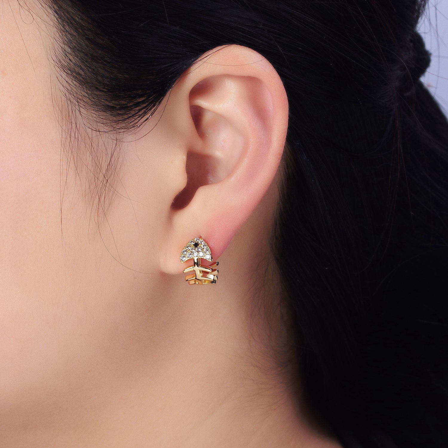 Gold, Silver Black-Eyed Ocean Fish Bone Micro Paved CZ 13mm Huggie Earrings | AB457 AB461 - DLUXCA