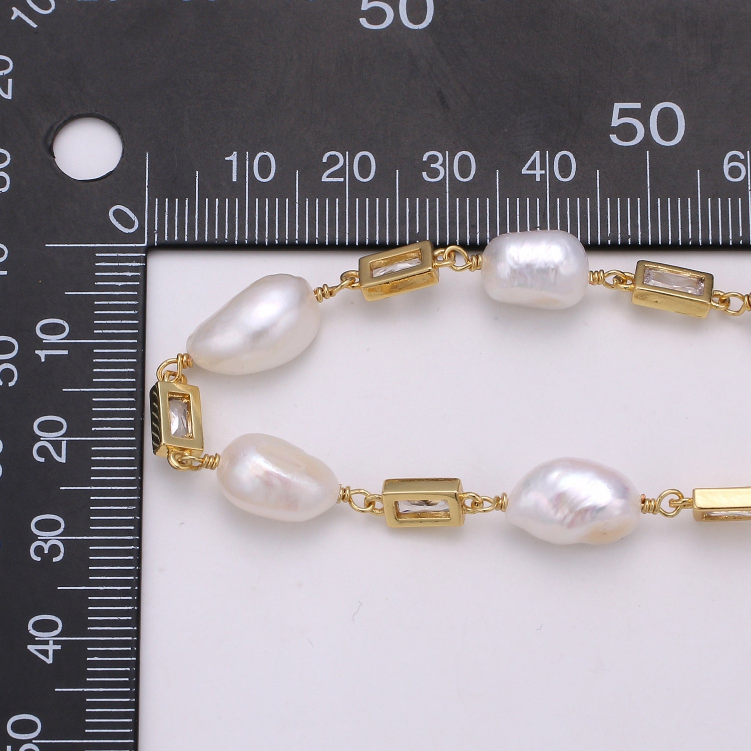 24K Gold Filled Chain by Yard, Baroque Pearl Micro Pave Clear Cubic Square Charm Chain, White Pearl CZ, Chain-349,350,351 - DLUXCA