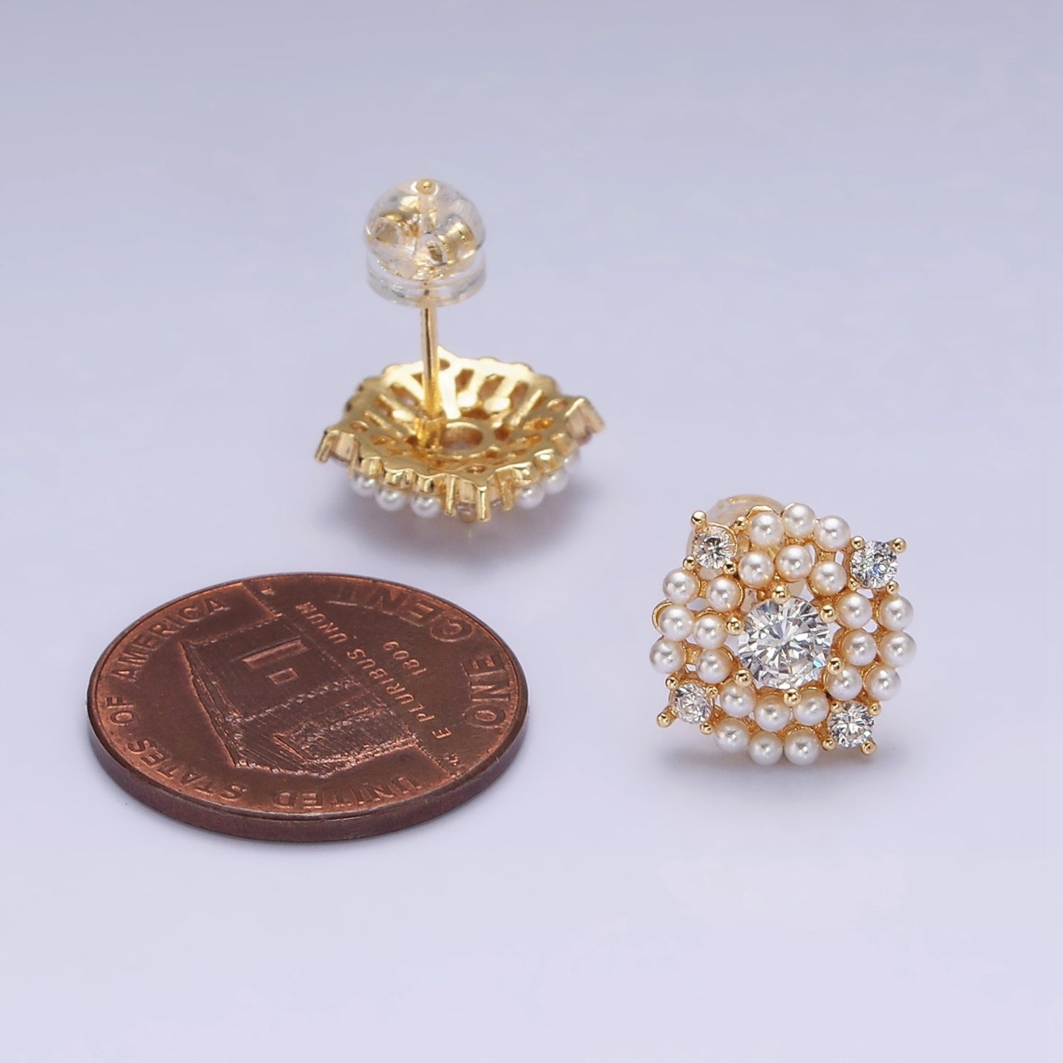 16K Gold Filled 13mm Pearl Lined Clear CZ Round Stud Earrings in Gold & Silver | Y803 Y804 - DLUXCA