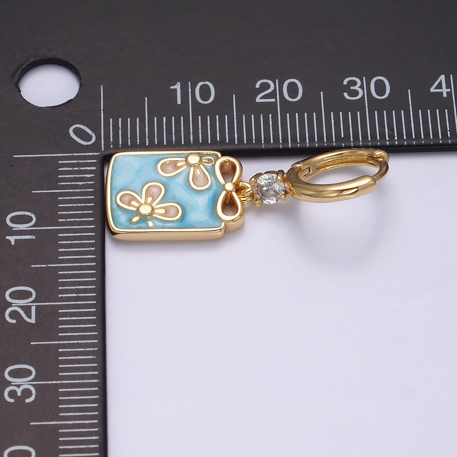 16K Gold Filled Pink, White, Blue Sparkly Enamel Ribbon Bow Rectangular CZ Drop Huggie Earrings | Y855 - Y857 - DLUXCA