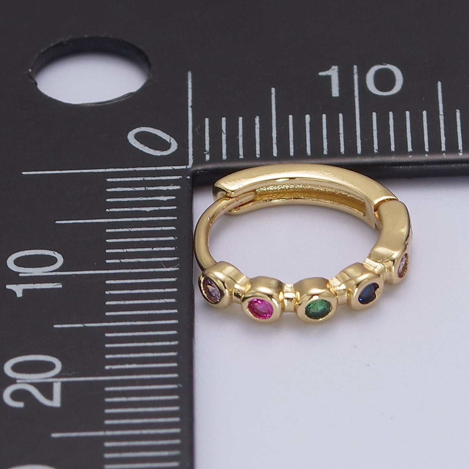 Multi Color Huggie Earring 14mm Gold Hoop Colorful CZ Earring T-359 - DLUXCA