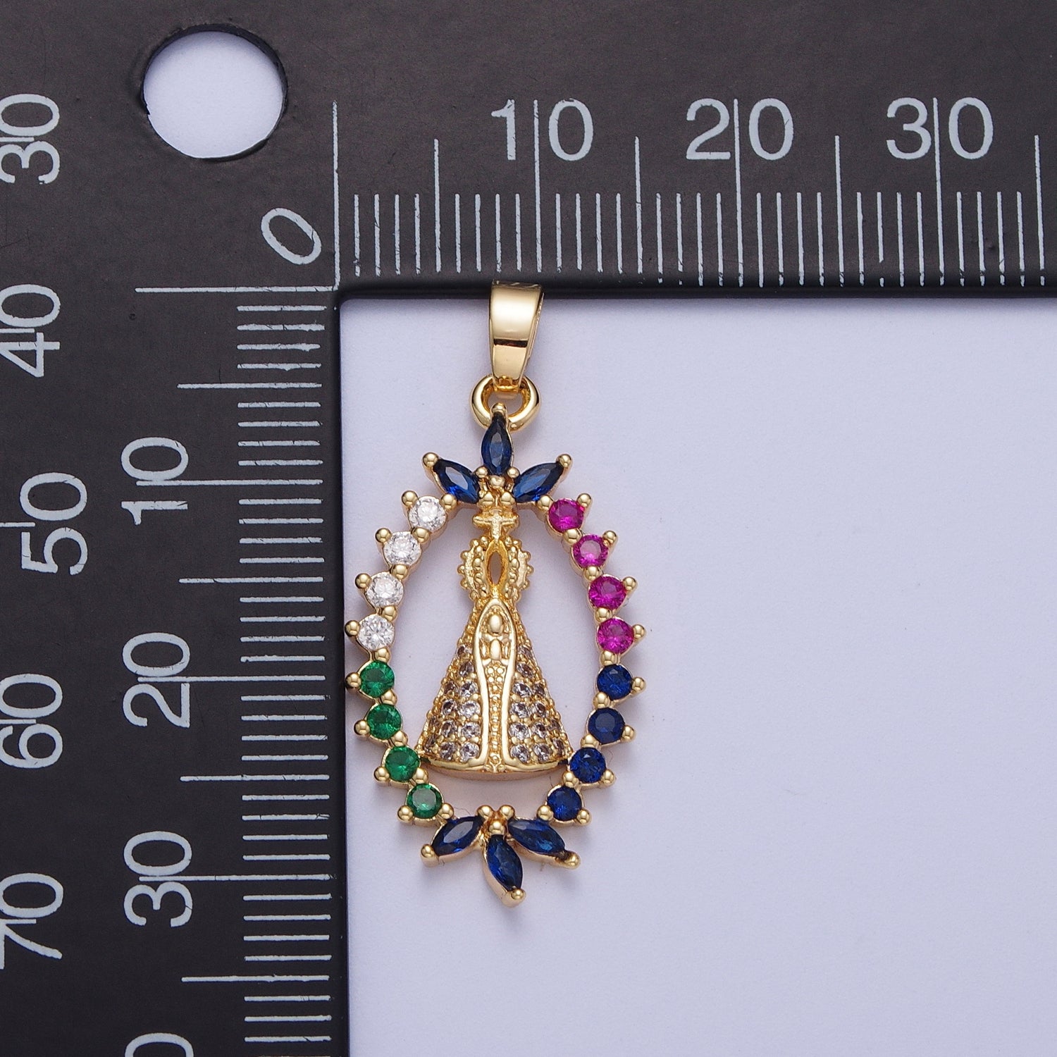 Gold CZ Religious Pope Pendant, 24K Gold Plated Micro Paved Marquise Cut Colorful CZ Religious Cross The Pope Pendant | X-699 - DLUXCA