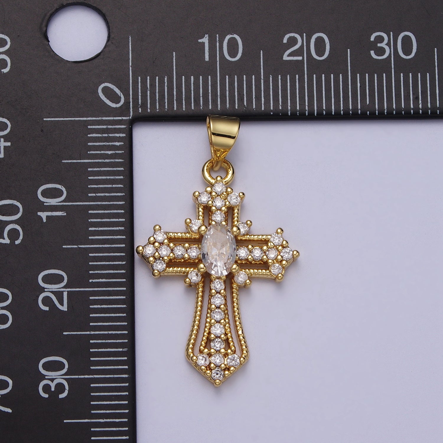 24K Gold Filled Clear Micro Paved Oval CZ Passion Cross Religious Pendant | H447 - DLUXCA