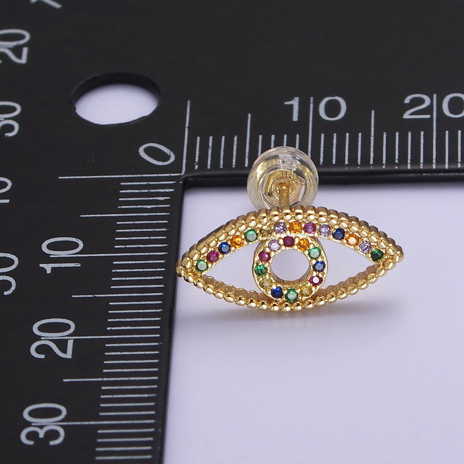 Dainty Gold Rainbow CZ Evil Eye Stud Earring V-099 - DLUXCA