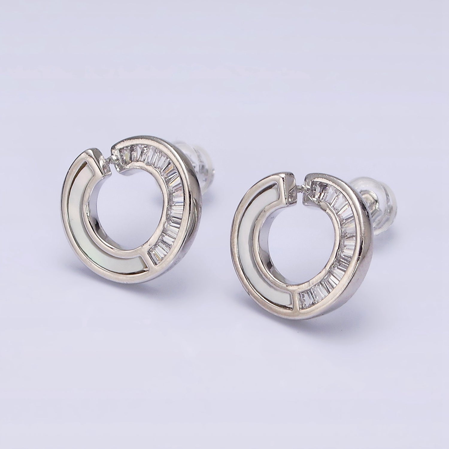 16K Gold Filled 14mm Open Round Circular Shell Pearl Baguette Lined Stud Earrings in Gold & Silver | Y841 Y842 - DLUXCA