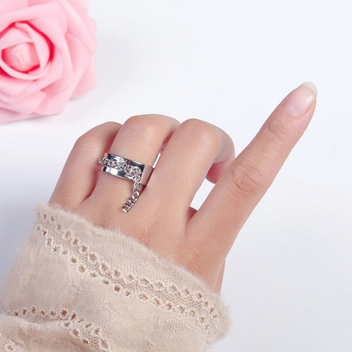 Adjustable Chain Ring - Gold Open Band Ring - Midi Stacking Ring - Punk Chain Ring O-2191 O-2192 - DLUXCA