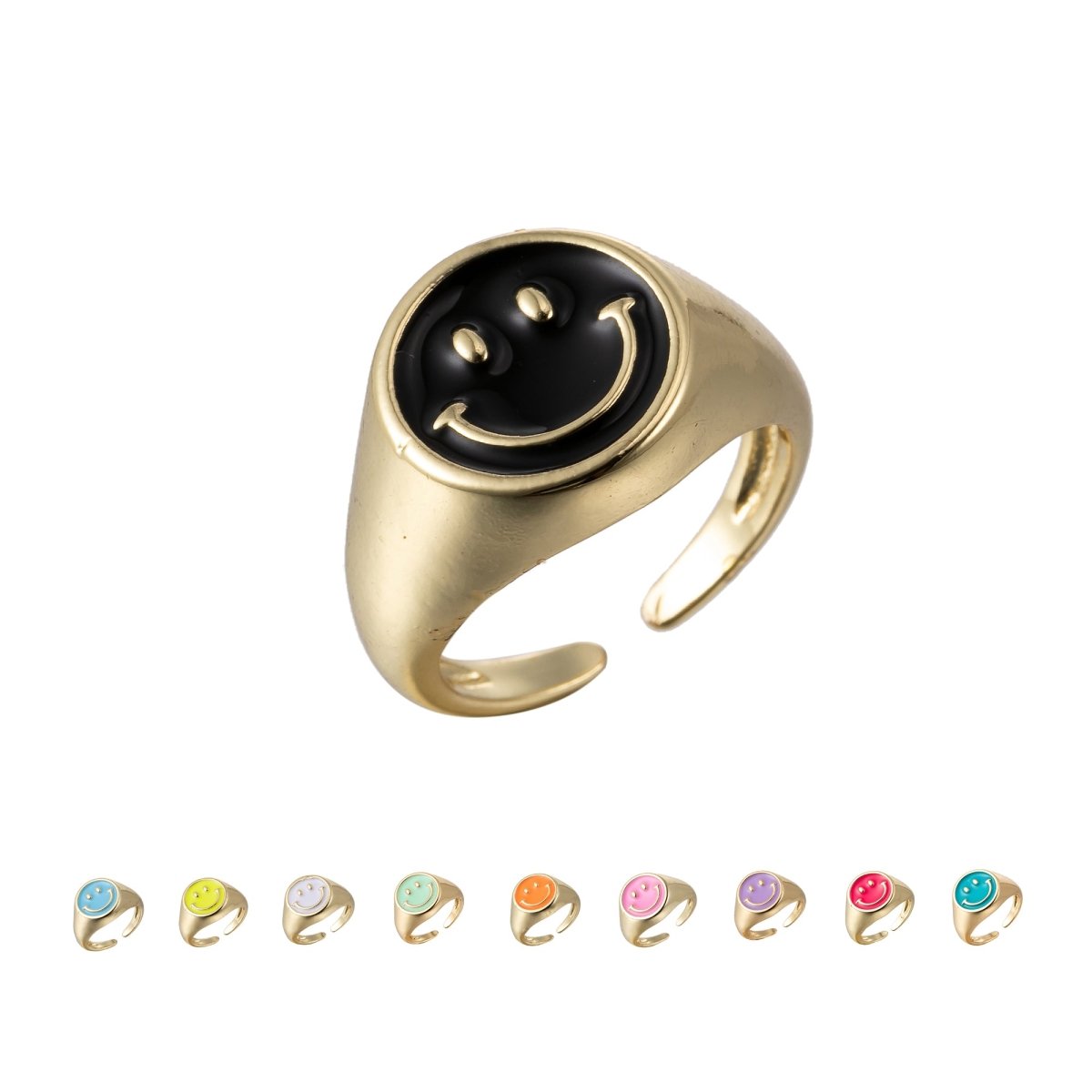 Adjustable Gold Smiley Face Ring, Colorful Enamel Happy Face Signet Ring y2k Jewelry O-881~O-885 O-887~O-891 - DLUXCA