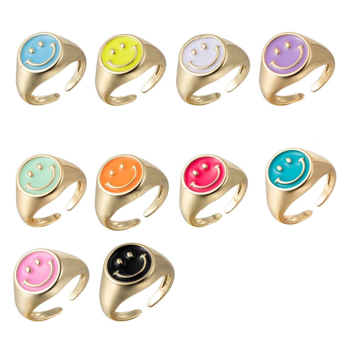 Adjustable Gold Smiley Face Ring, Colorful Enamel Happy Face Signet Ring y2k Jewelry O-881~O-885 O-887~O-891 - DLUXCA