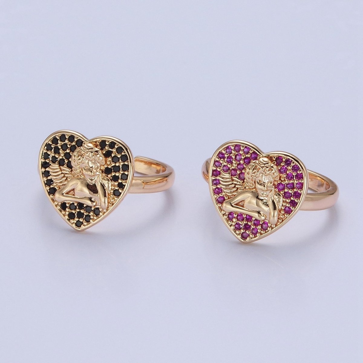Adjustable heart cherub ring Pave Pink, Black CZ heart angel cherub ring Statement Ring O-747 O-748 - DLUXCA