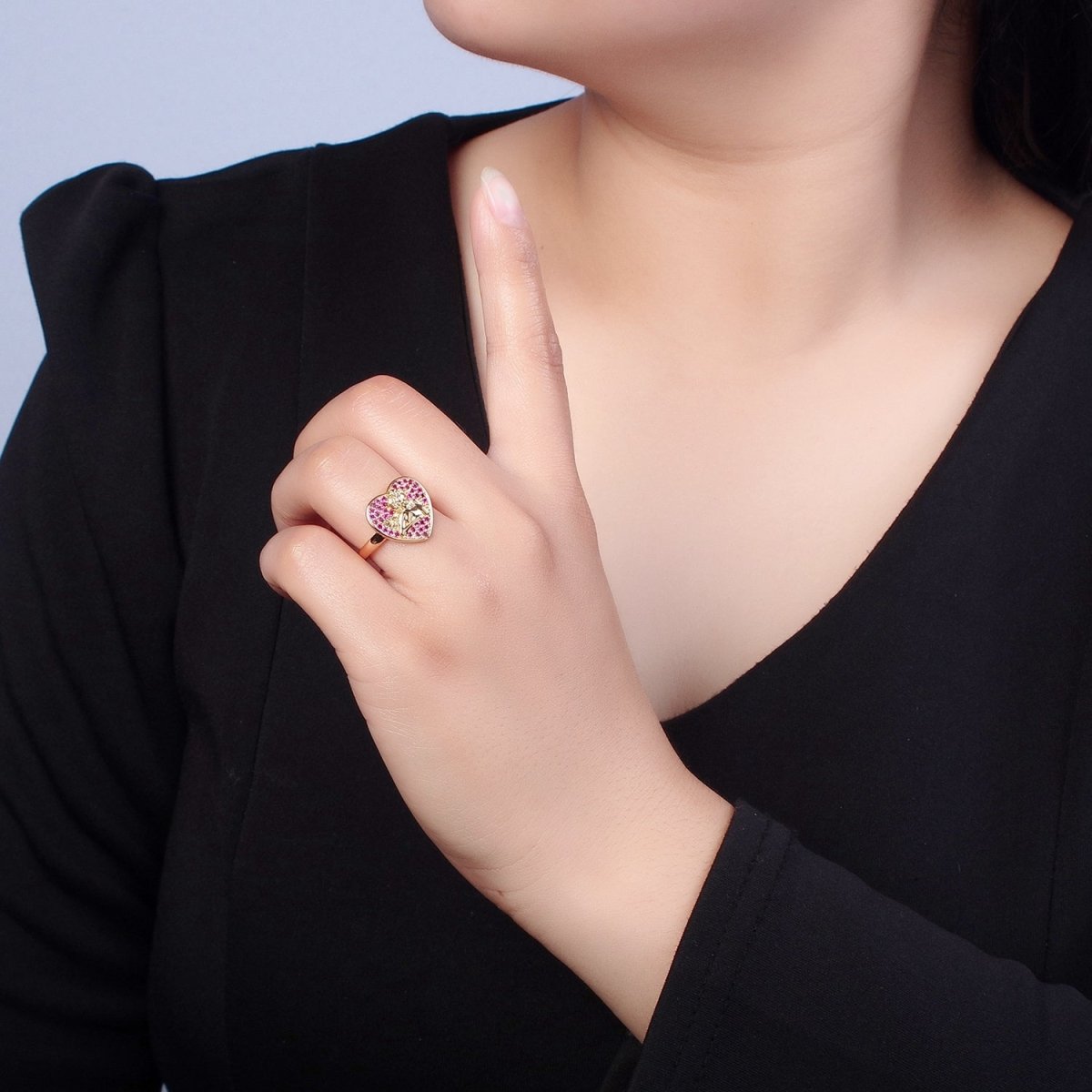 Adjustable heart cherub ring Pave Pink, Black CZ heart angel cherub ring Statement Ring O-747 O-748 - DLUXCA