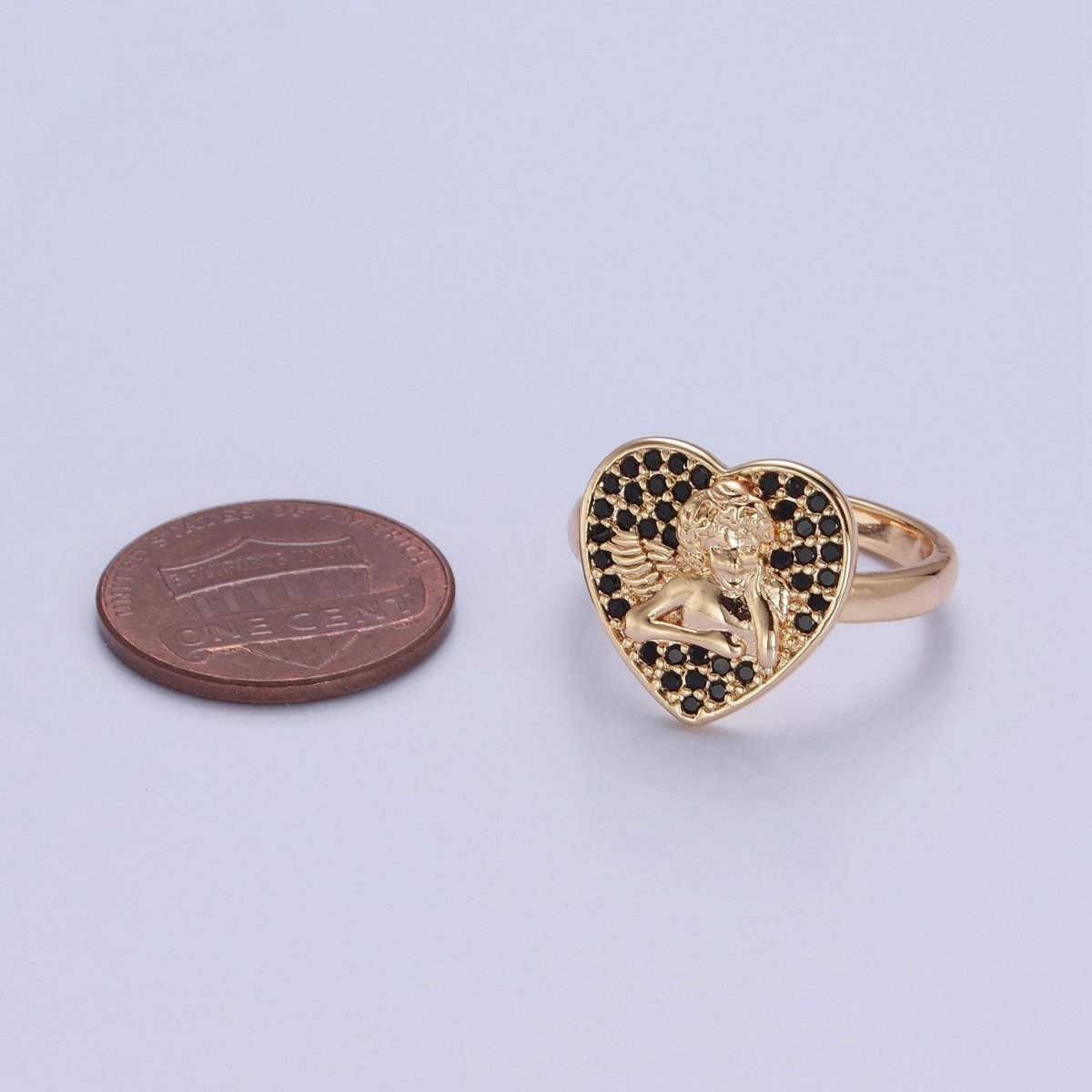 Adjustable heart cherub ring Pave Pink, Black CZ heart angel cherub ring Statement Ring O-747 O-748 - DLUXCA