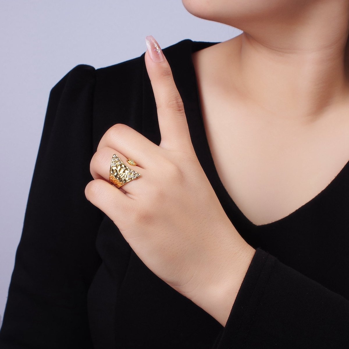 AimVogue 14K Gold Filled Round CZ Hammered Wrap Ring | O1320 - DLUXCA