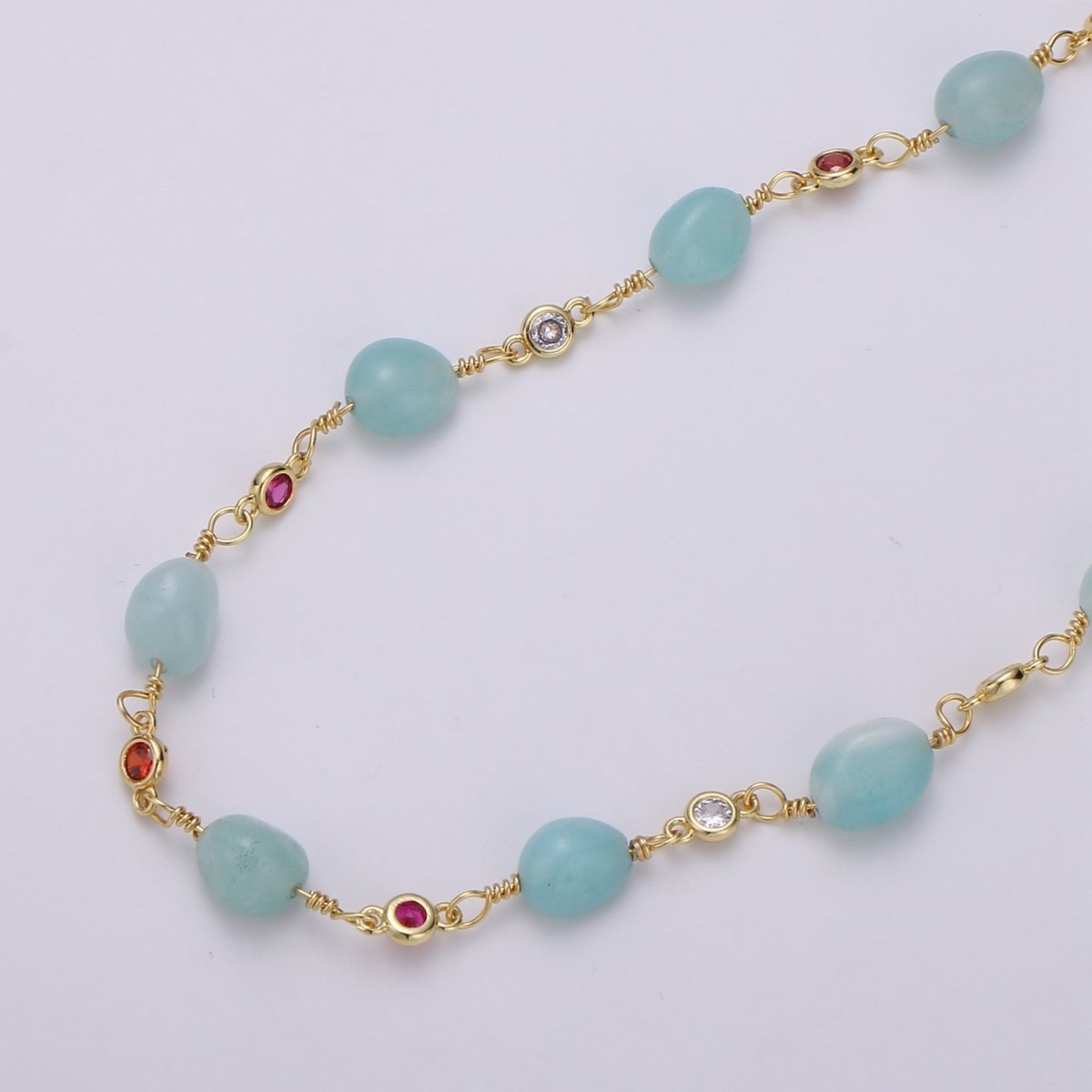 Amazonite Stone Micro Pave Charm 24K Gold Filled Chain by Yard, Cubic Round Charm Chain, Semiprecious Stone Heart Chakra Chain | ROLL-335 Clearance Pricing - DLUXCA