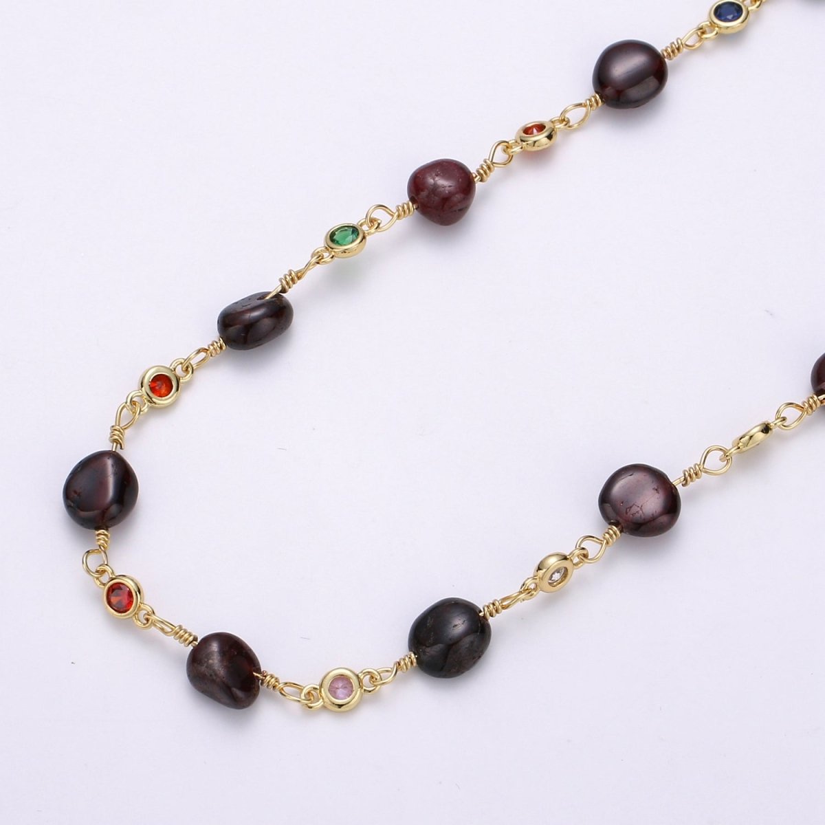 Amethyst Stone Micro Pave Charm 24K Gold Filled Chain by Yard, Cubic Round Charm Chain, Semiprecious Stone Purple Amethyst Chain | ROLL-333 Clearance Pricing - DLUXCA