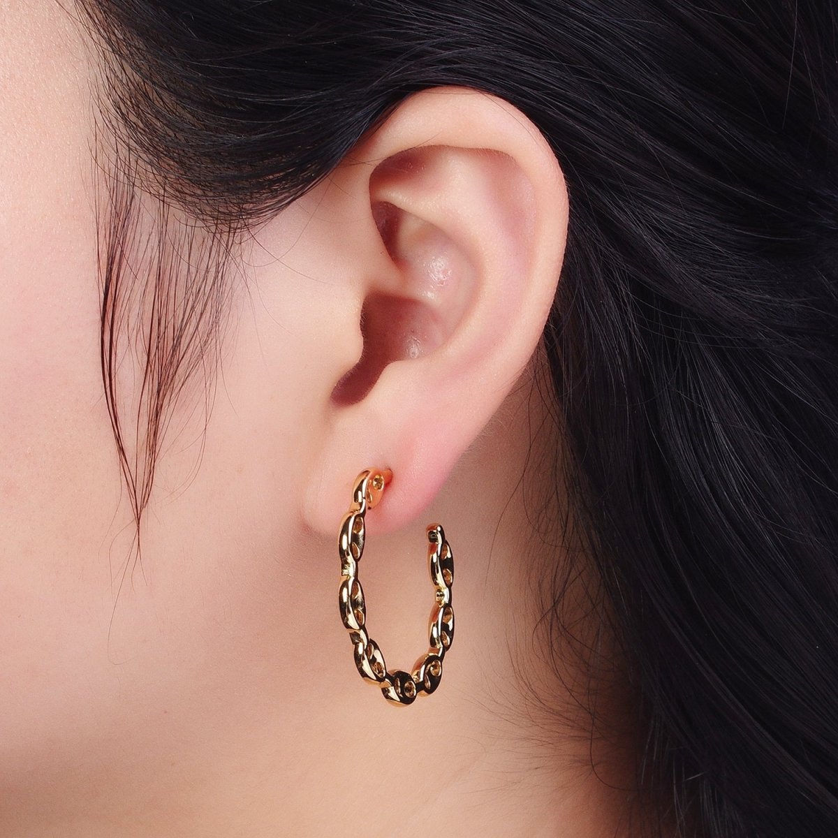 Anchor Mariner Chain Link C Shaped Hoop Stud Earrings in Gold & Silver | X-878 X-879 - DLUXCA