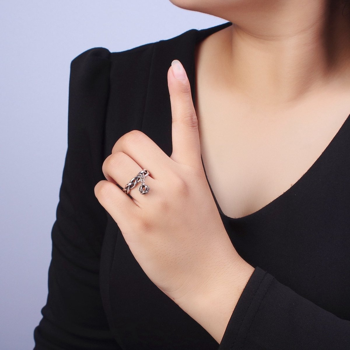 Antique Silver Braided Twist Rope Chain Link with Royal Crown Dangle Charm Adjustable Silver Ring | X-552 - DLUXCA