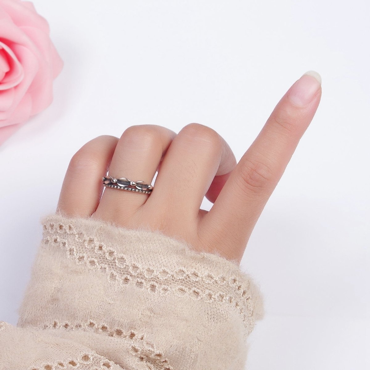 Antique Silver Bubble Beaded Chain Link Adjustable Silver Ring | X-593 - DLUXCA