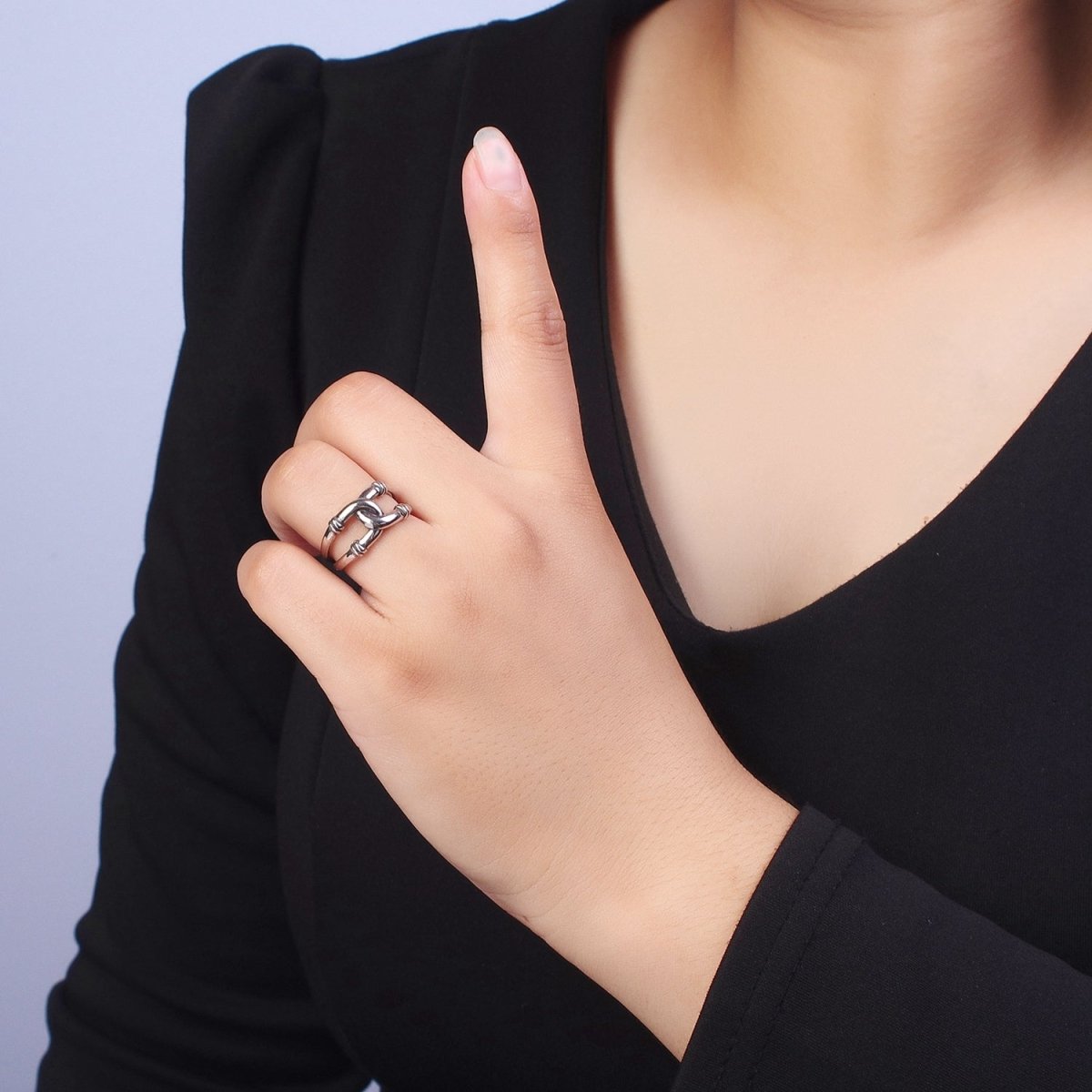 Antique Silver Connecting Tube Adjustable Silver Double Band Ring | X-555 - DLUXCA