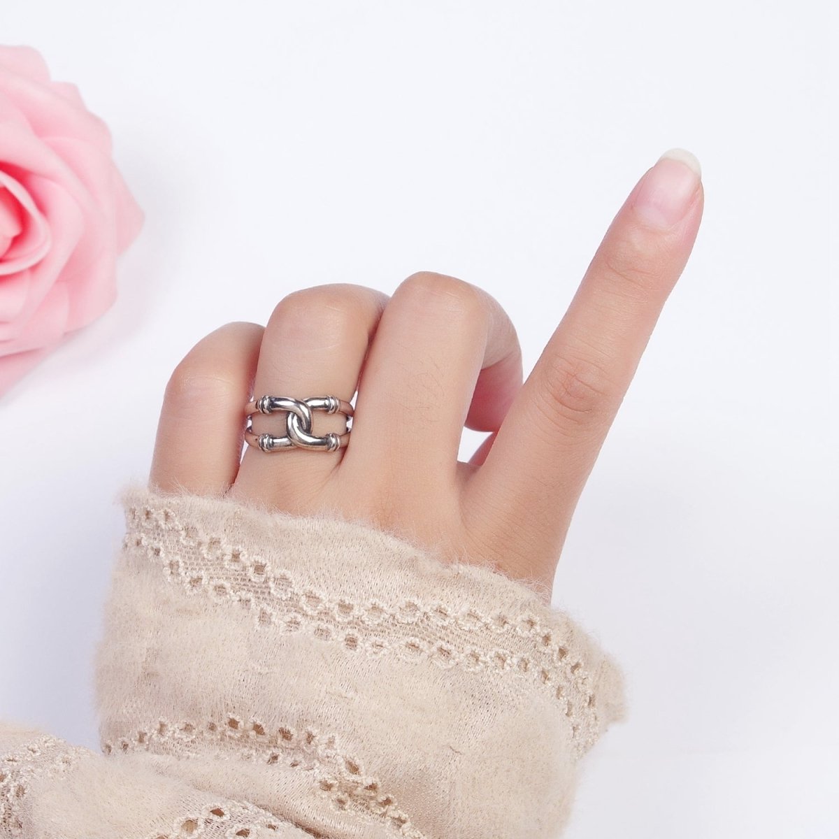 Antique Silver Connecting Tube Adjustable Silver Double Band Ring | X-555 - DLUXCA