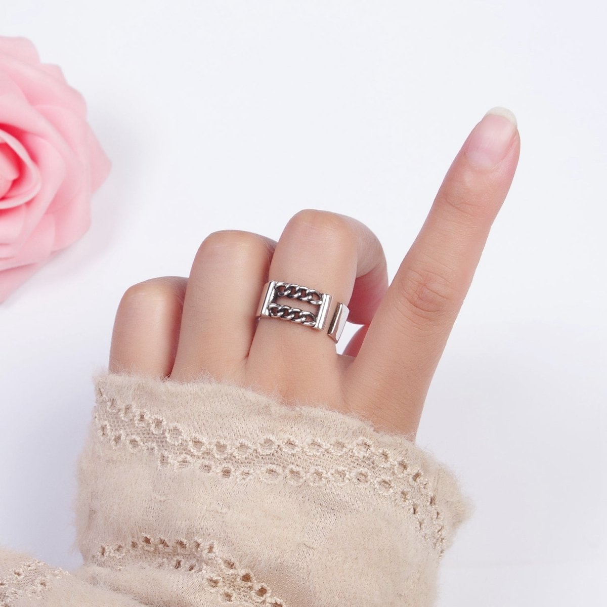 Antique Silver Double Curb Chain Link Open Wide Thick Silver Band | X-554 - DLUXCA