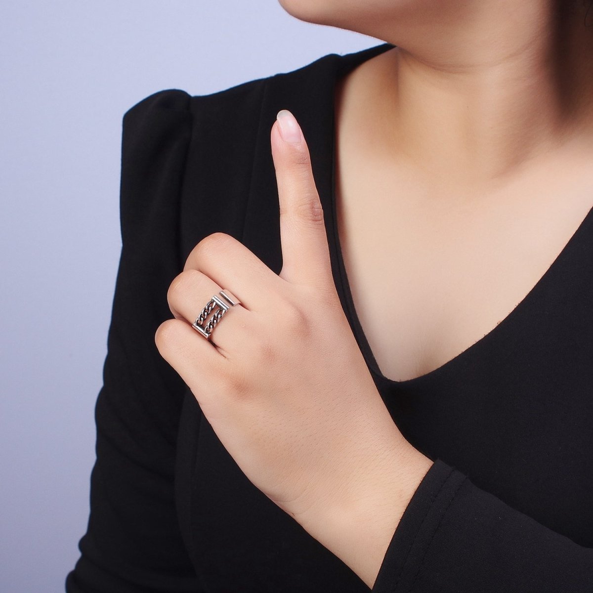 Antique Silver Double Curb Chain Link Open Wide Thick Silver Band | X-554 - DLUXCA