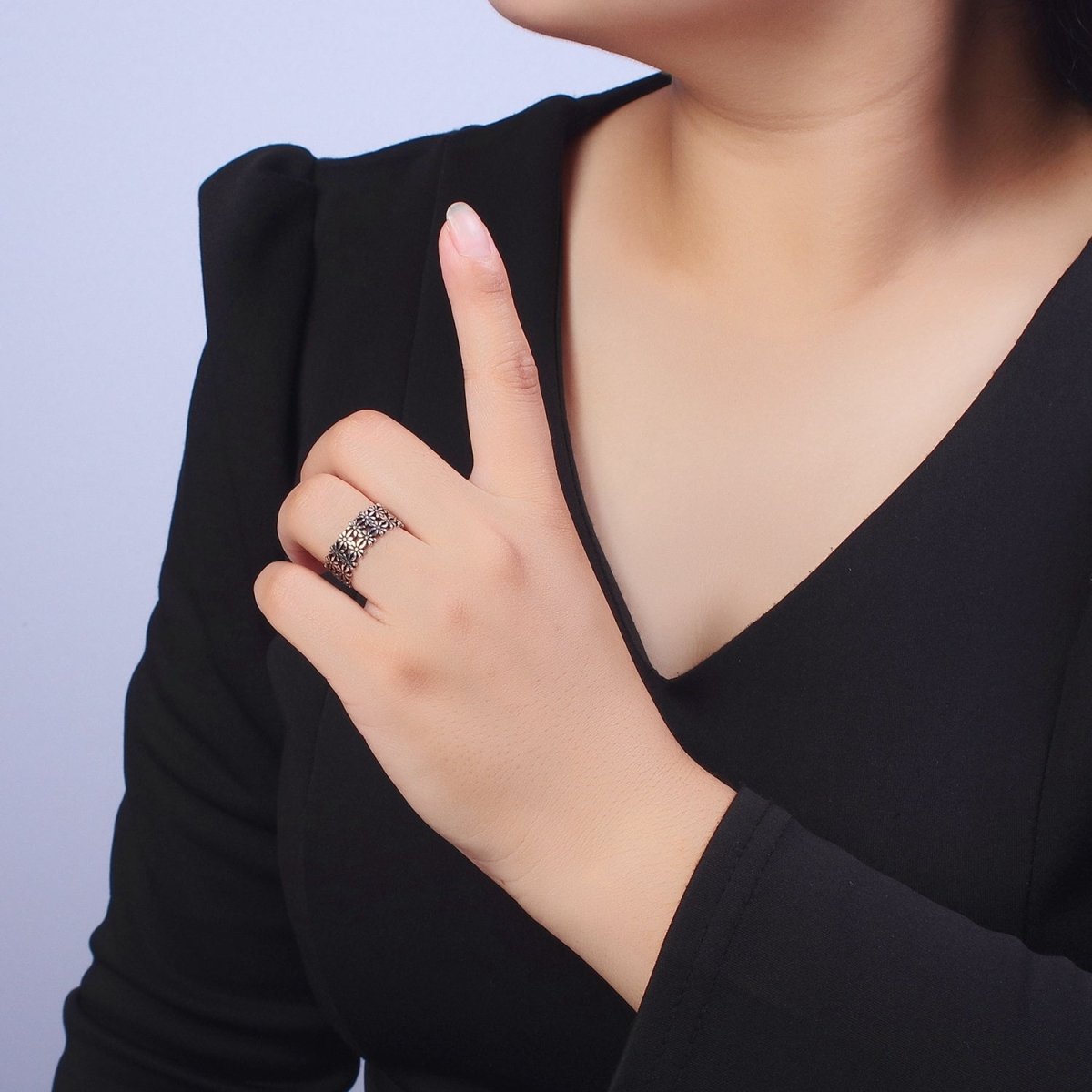 Antique Silver Double Nature Flower Adjustable Silver Ring | X-591 - DLUXCA