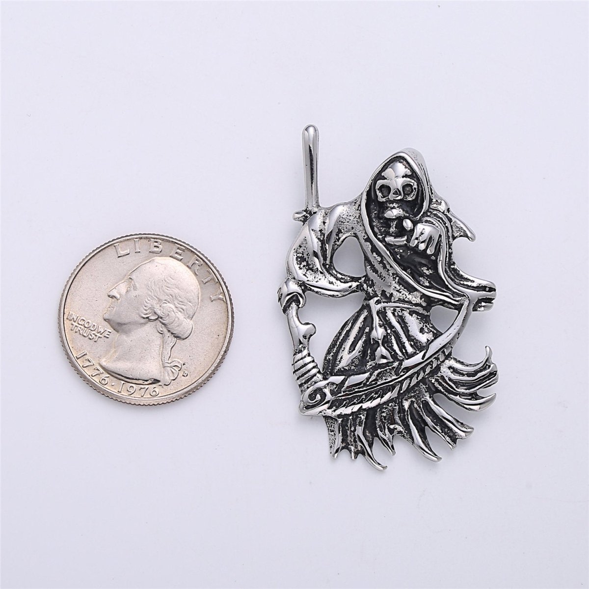 Antique Silver Grim Reaper Skull Pendant, Vintage grim Reaper Necklace Pendant in stainless Stee J-775 - DLUXCA
