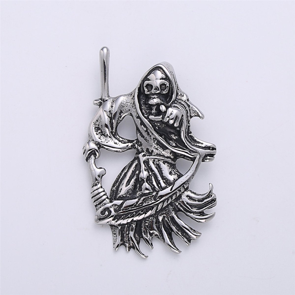 Antique Silver Grim Reaper Skull Pendant, Vintage grim Reaper Necklace Pendant in stainless Stee J-775 - DLUXCA