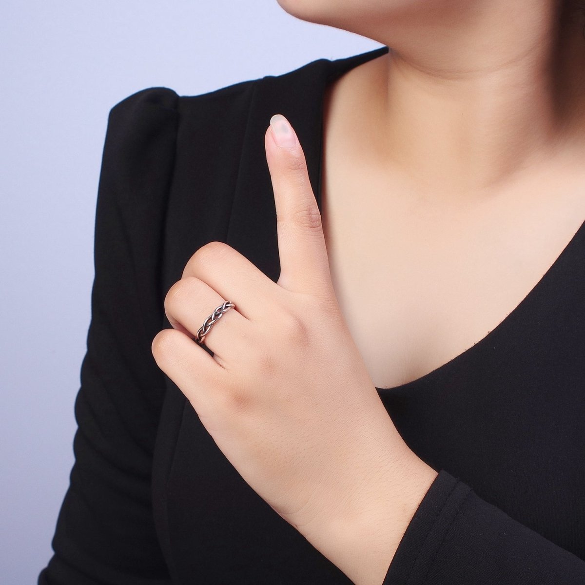 Antique Silver Twisted Braided Rope Chain Link Stackable Silver Ring | X-551 - DLUXCA