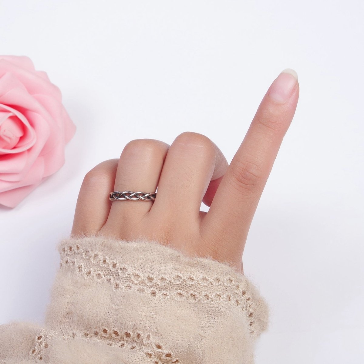 Antique Silver Twisted Braided Rope Chain Link Stackable Silver Ring | X-551 - DLUXCA